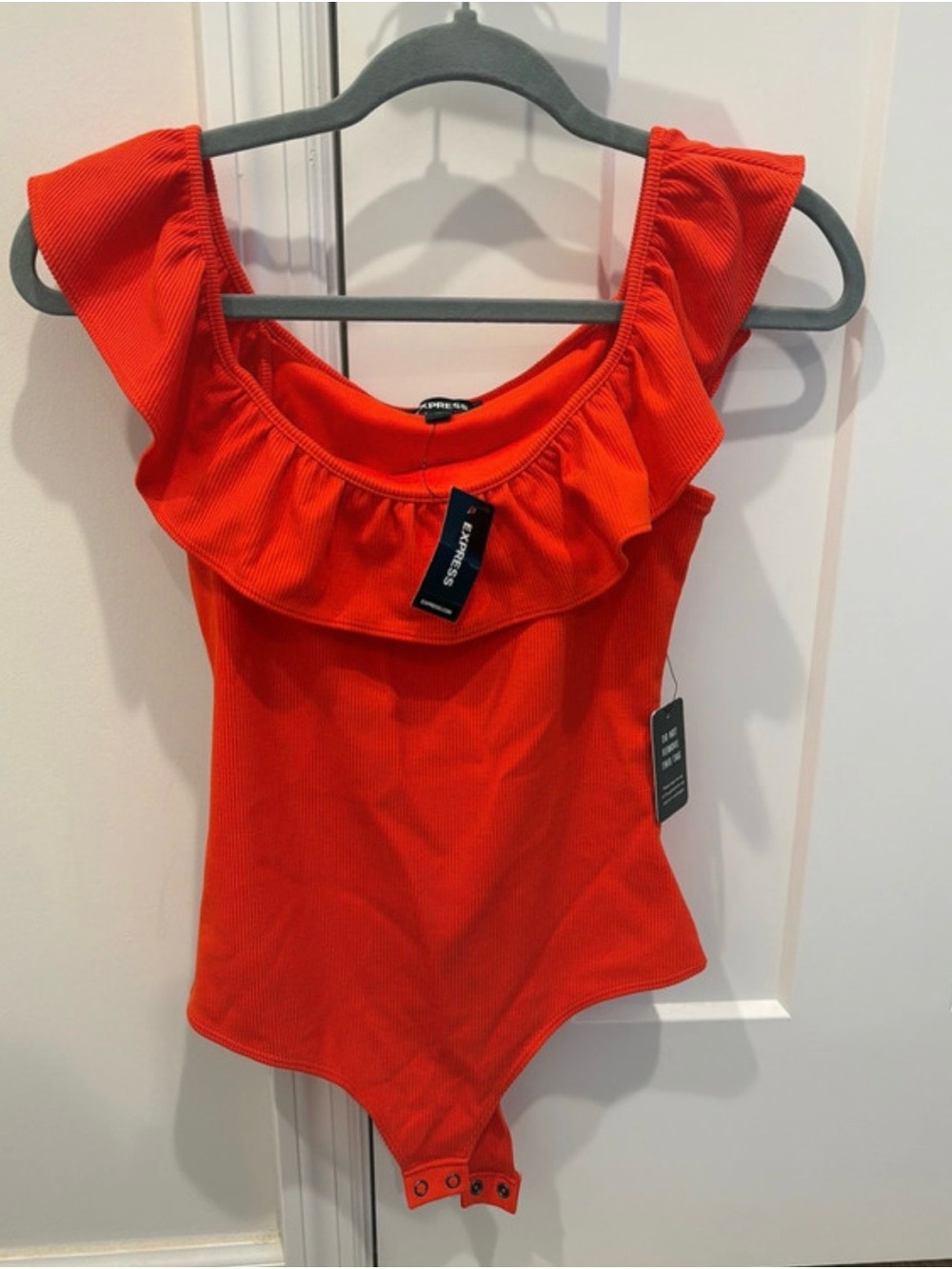 Express Orange Ruffle-Trim Scoop Neck Bodysuit